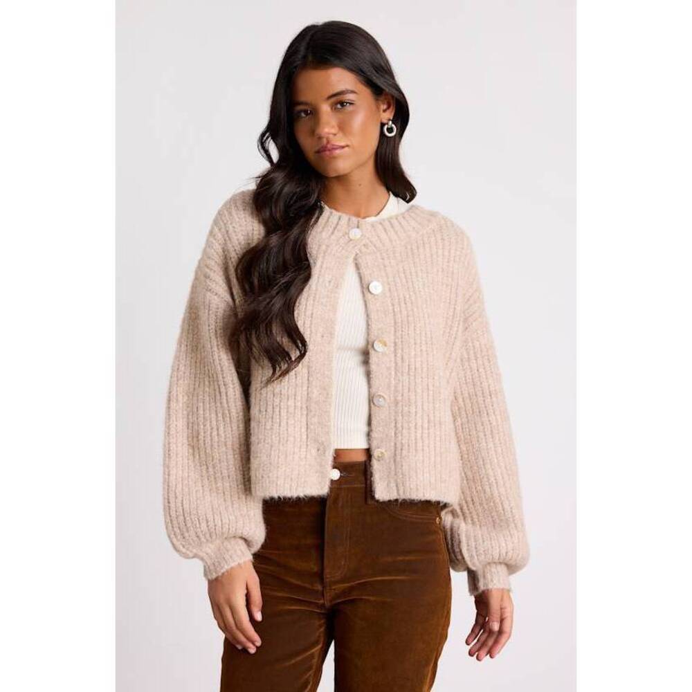 Lulus Marsden Heathered Beige Boxy Cardigan Sweater - Size S